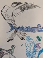 A frilly finned merfolk combs their hair